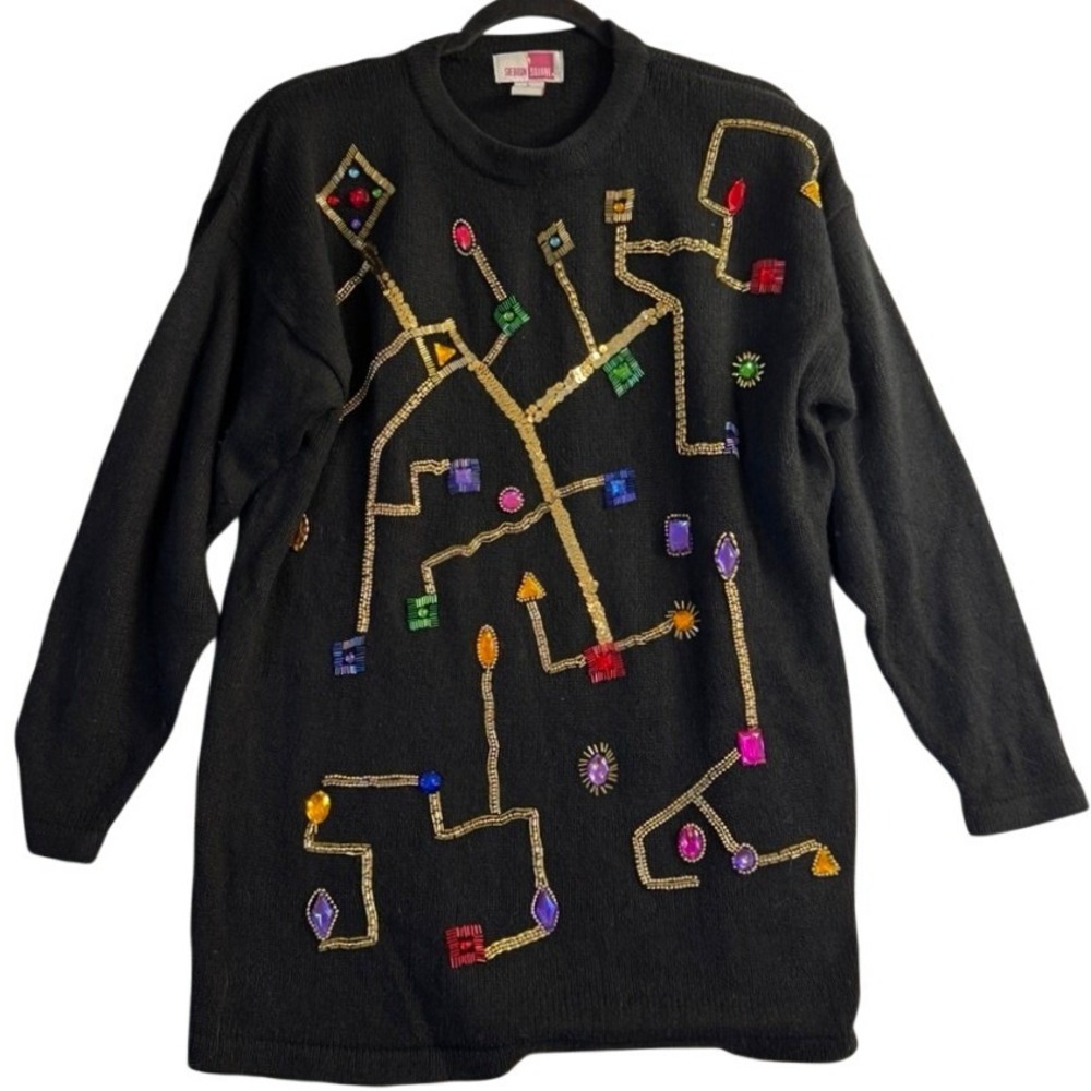 Sheridan Square Vintage Silk Angora Beaded Jewel Sweater Black Large Geometric